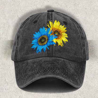 Blue And Yellow Sunflower Printed Baseball Cap