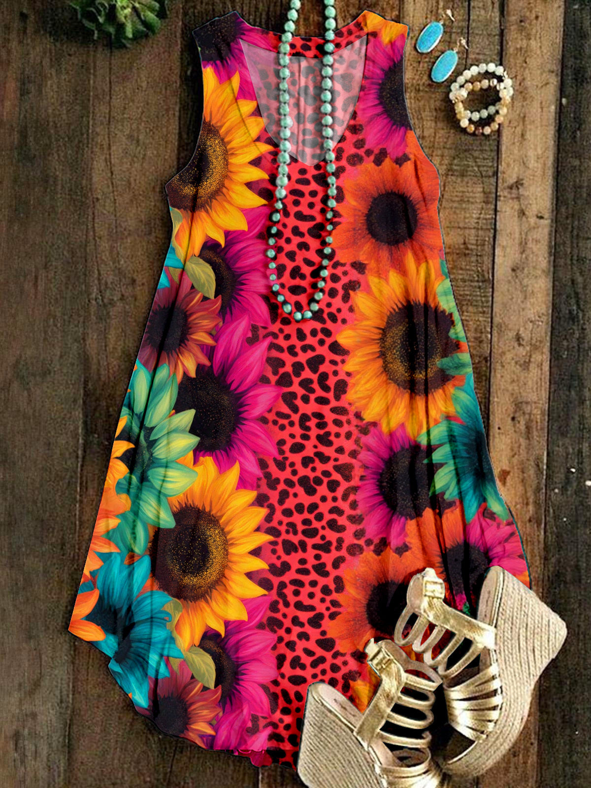 Sunflower Leopard Print Sleeveless V Neck Dress