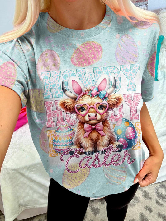 Western Easter Cute Highland Cow Crew Neck T-shirt