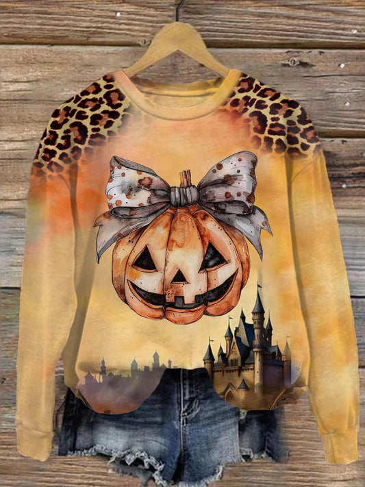 Women's Pumpkin Leopard Round Neck Long Sleeve Top