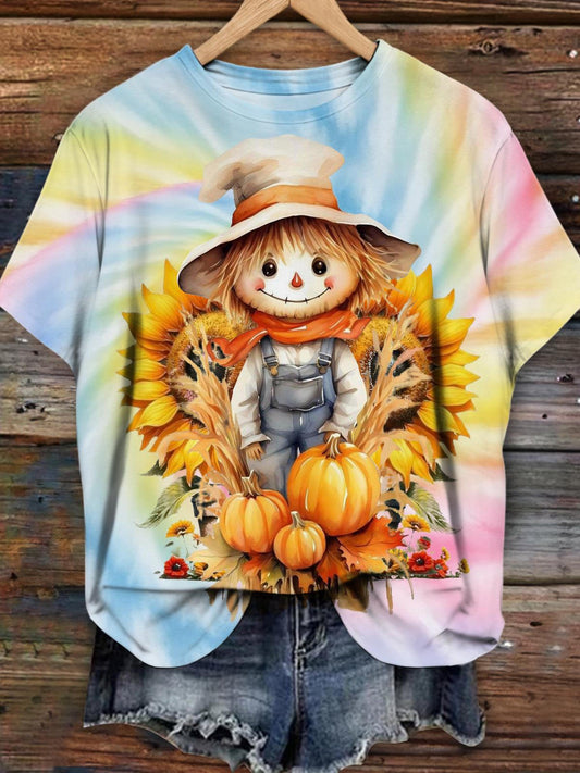 Women's Fall Scarecrow Sunflower Rainbow Print T-shirt