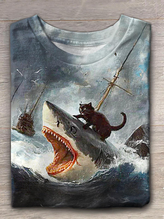 Women's Funny Cat Great White Shark Print Crew Neck T-shirt