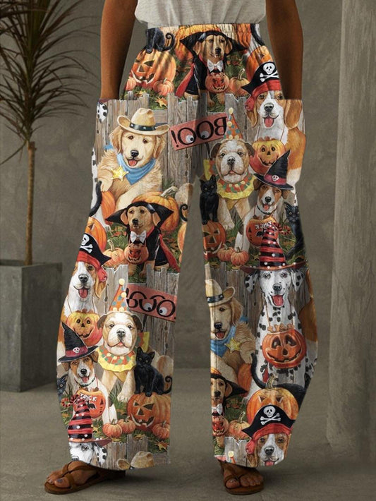 Trick Or Treat Puppies Print Casual Pants