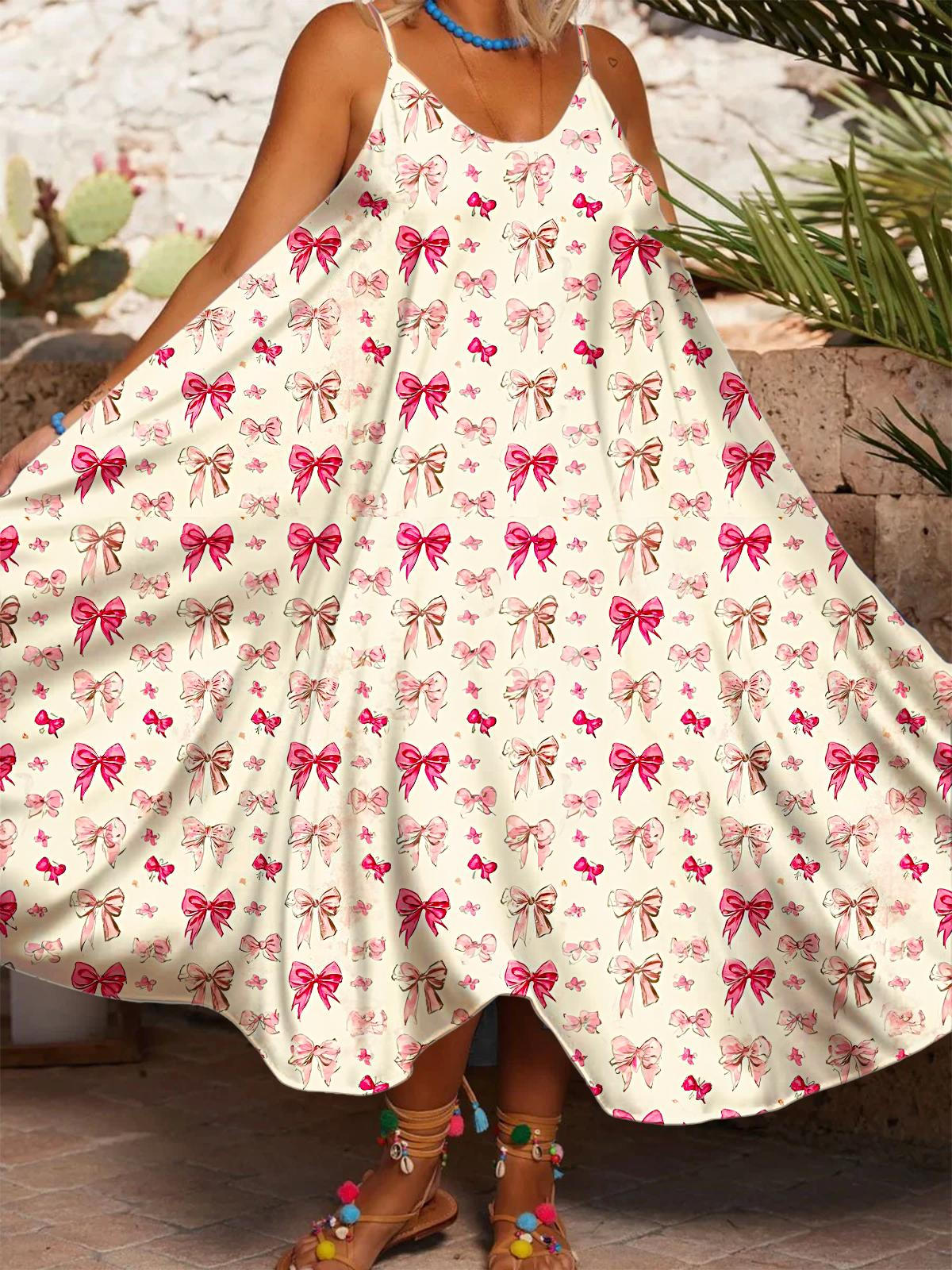 Women's Vintage Valentine's Day Bow Print Casual Spaghetti Strap Dress