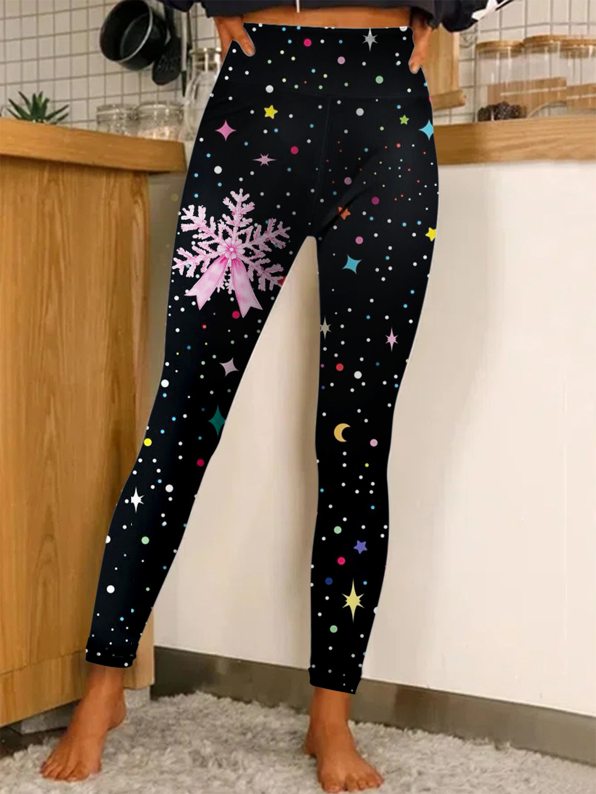 Pink Sequin Snowflakes Print Leggings