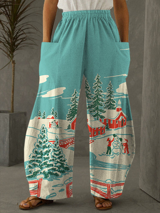 Vintage Winter Print Casual Pants