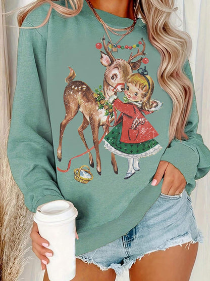 Vintage Little Girl and Christmas Deer Printed Sweatshirt