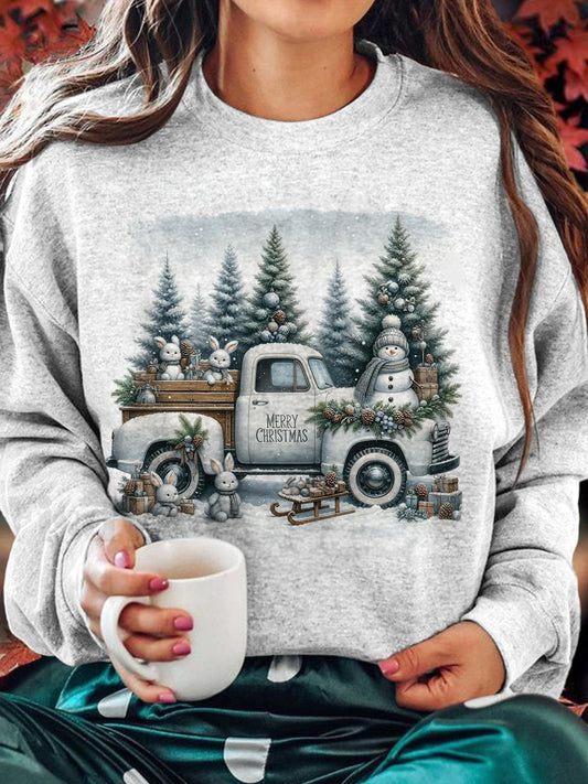 Merry Christmas Snowman Truck Printed Long Sleeve Casual Top