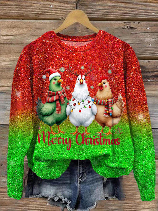 Merry Christmas Chicken Printed Long Sleeve Casual Top