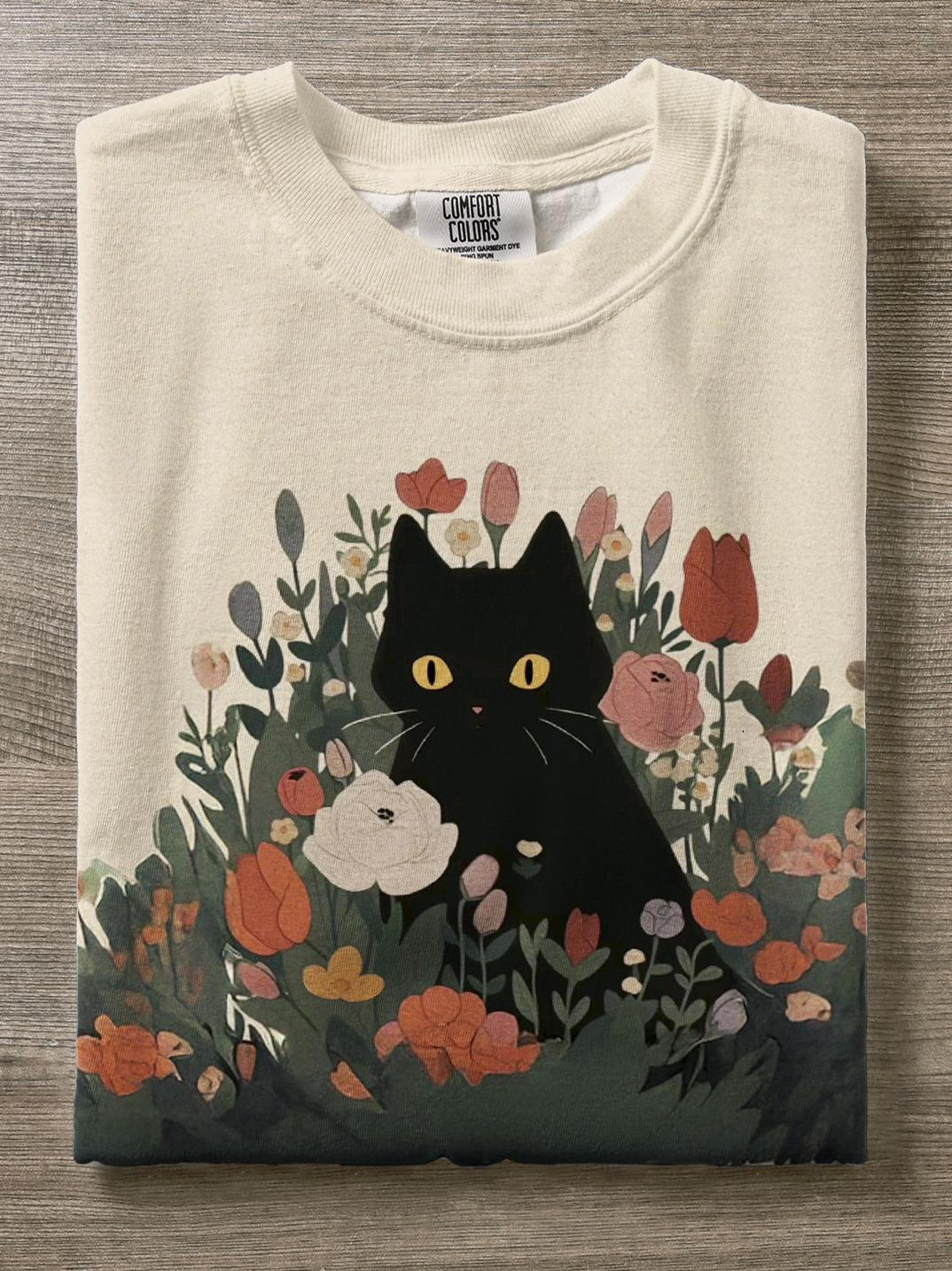 Summer Vacation Cute Cat Floral Print T-shirt