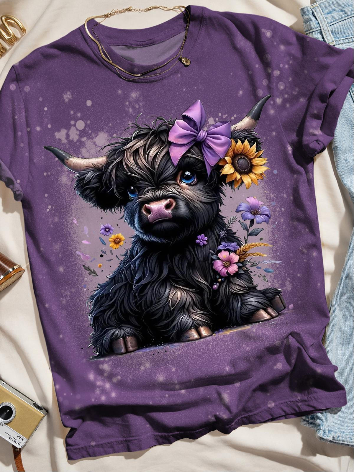 Cute Cow Butterfly Floral Print Casual T-shirt