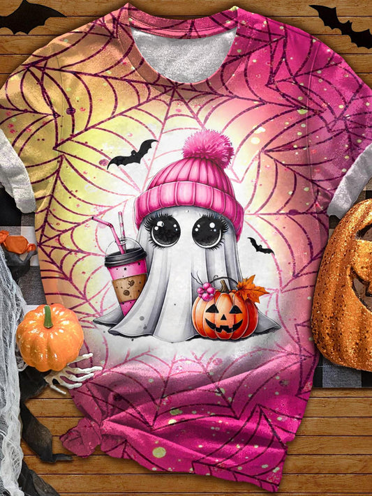 Women's Halloween Cute Ghost Coffee Pumpkin Print Crew Neck T-shirt