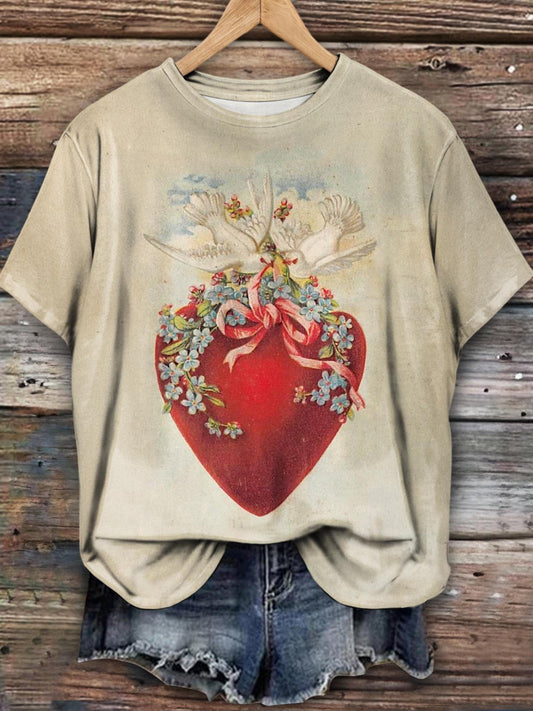 Women's Vintage Valentine's Day Faith and Peace Dove Print Casual T-shirt