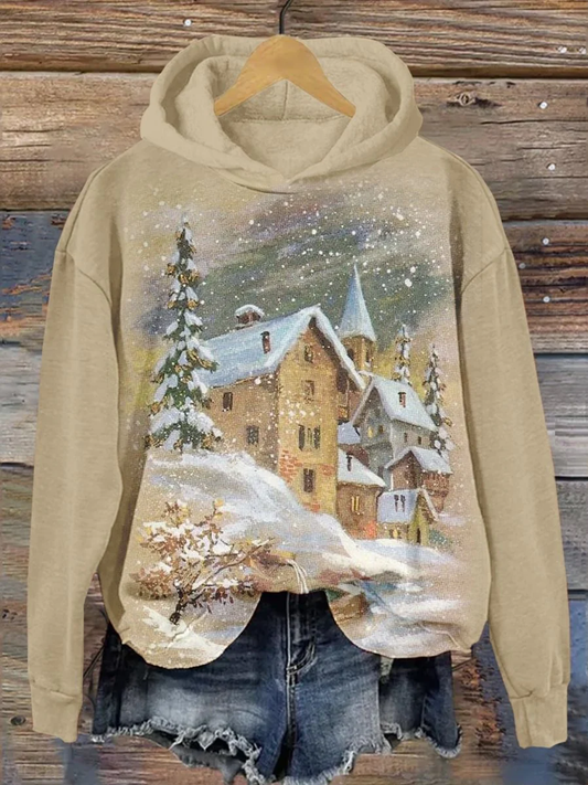 Winter Snow Scene Print Long Sleeve Printed Hoodie