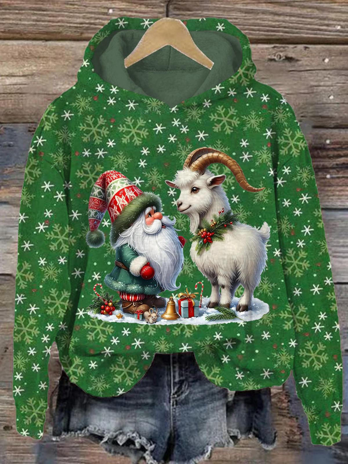 Santa And The Goat Long Sleeve Printed Hoodie