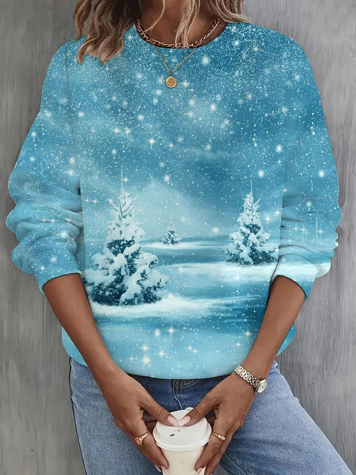 Winter Snow Print Long Sleeve Casual Top