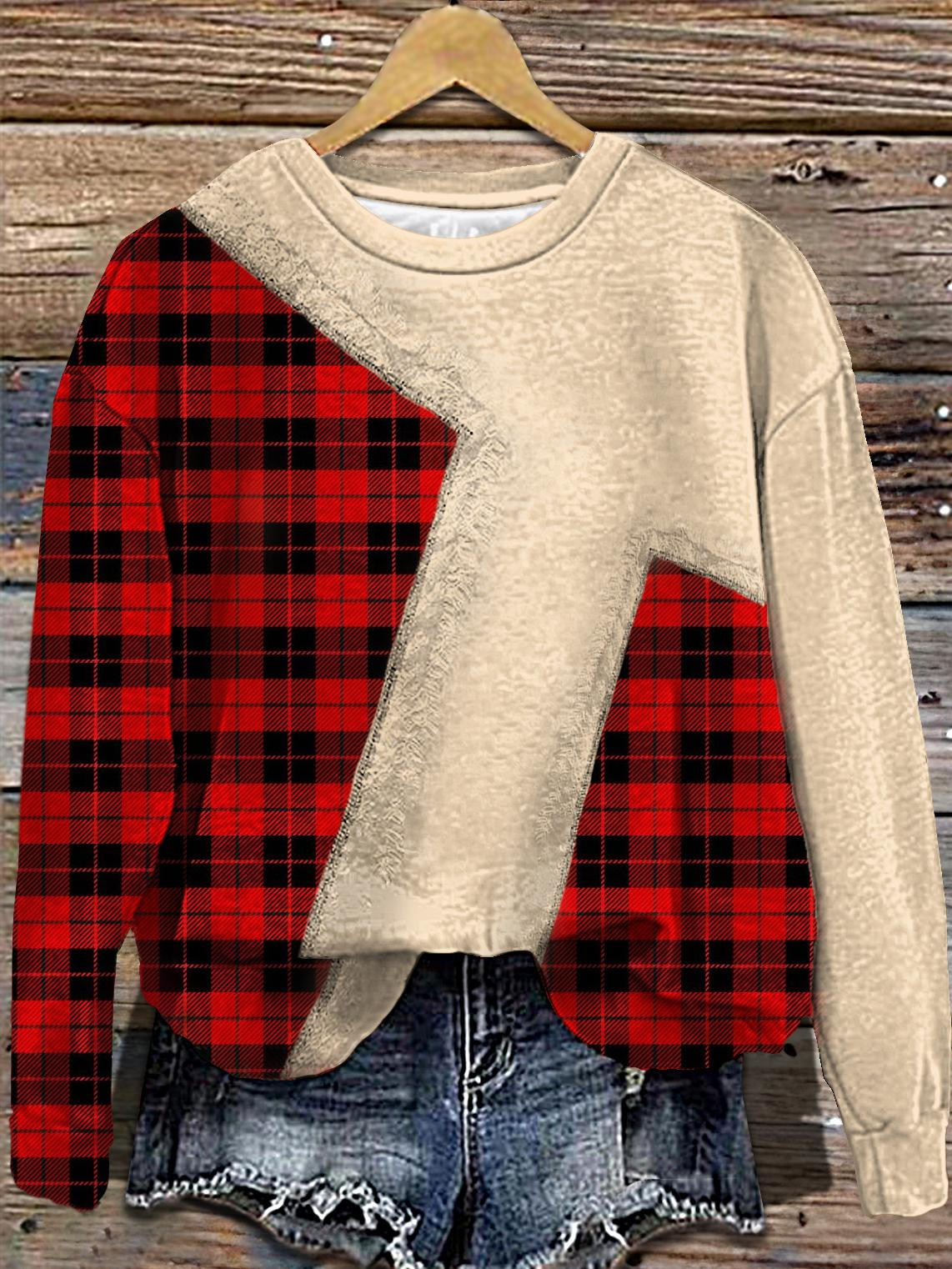 Women's Christmas Plaid Patchwork Printed Long Sleeve Casual Top