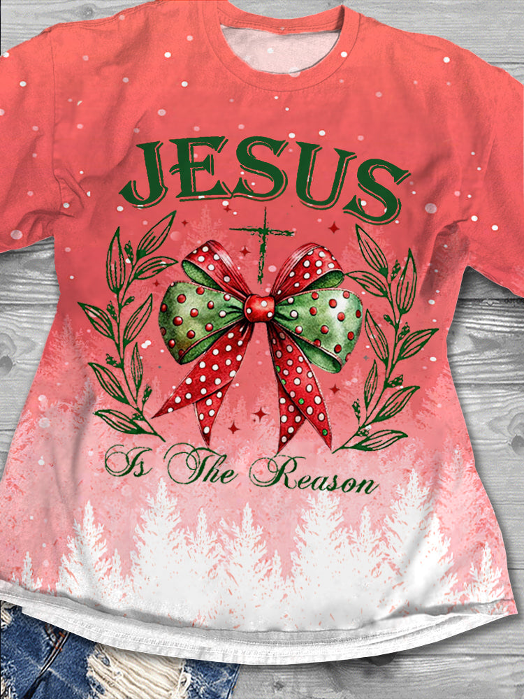 Women's Christian Christmas Jesus Print Crew Neck T-shirt