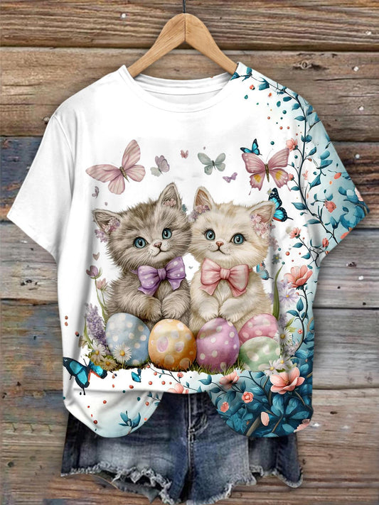 Easter Day Floral Cat Butterfly Crew Neck T-shirt