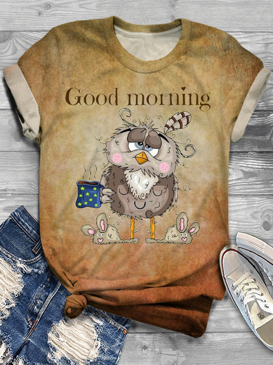 Good Morning Funny Illustration Print Crew Neck T-shirt