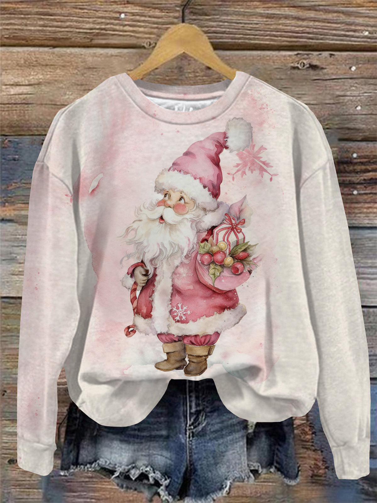 Santa Claus Print Round Neck Long Sleeve Top