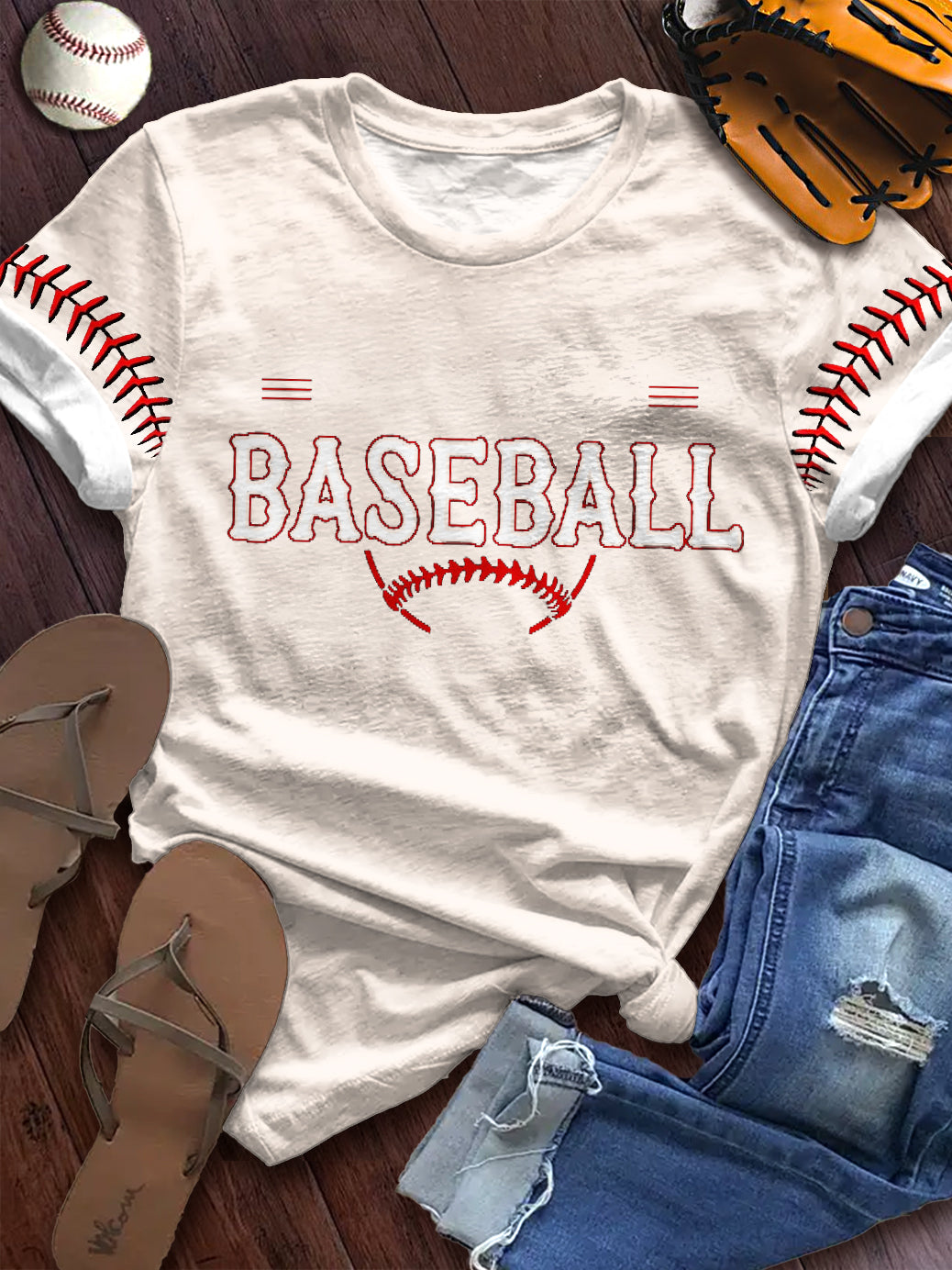 Simple Baseball Text Printed Crew Neck T-shirt