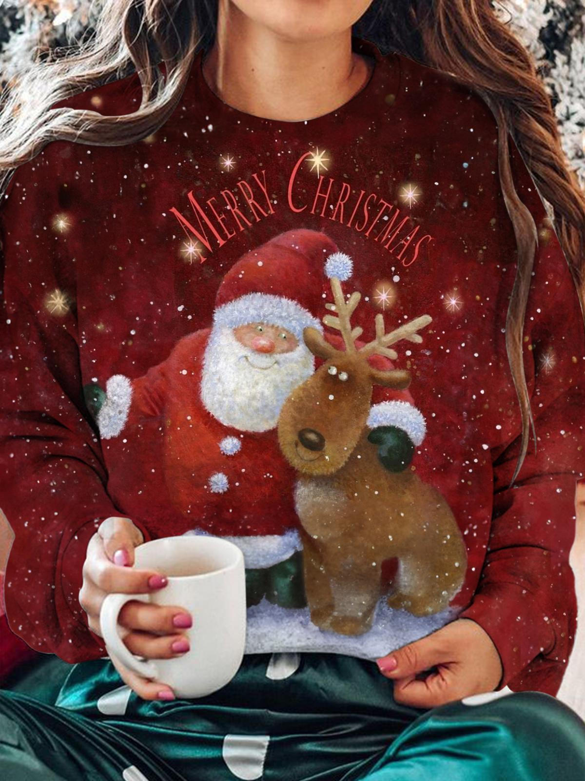 Women's Santa Elk Funny Vintage Print Long Sleeve Top