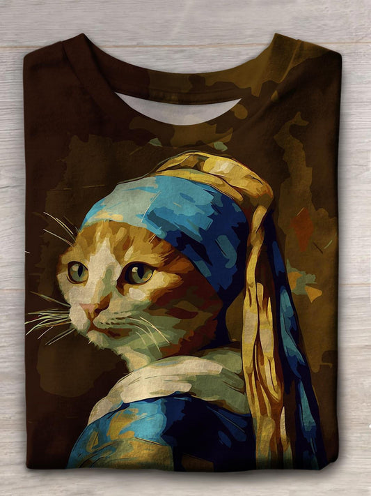 Cat With Pearl Earring Crew Neck T-shirt