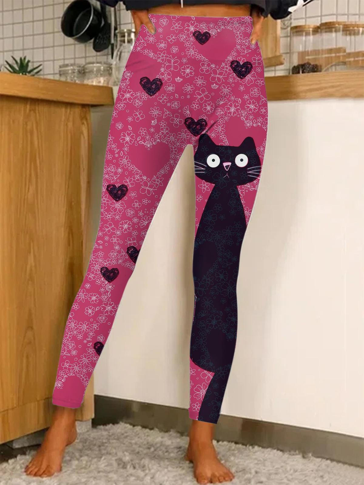 Women's Valentine's Day Love Pattern Cute Cat Stretch Leggings