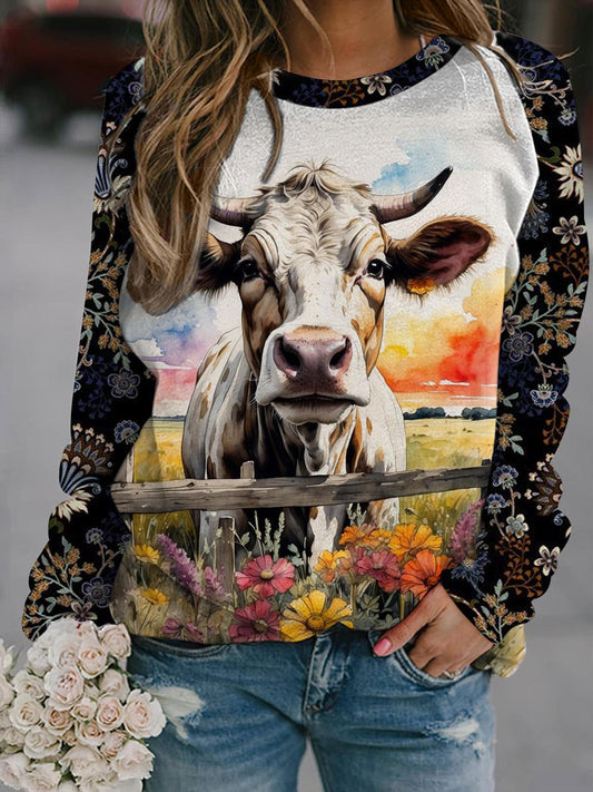 Women's Cow Ranch Floral Print Long Sleeve Top