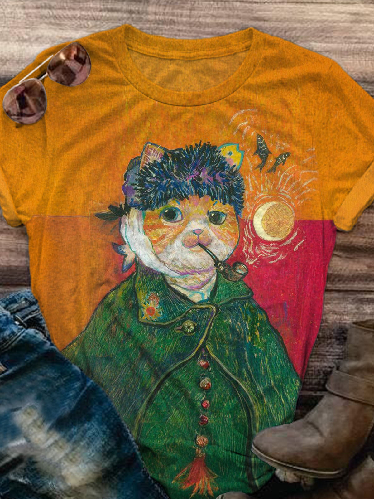 Women's Vintage Cat Imitation Movie Character Oil Painting Art Print T-Shirt