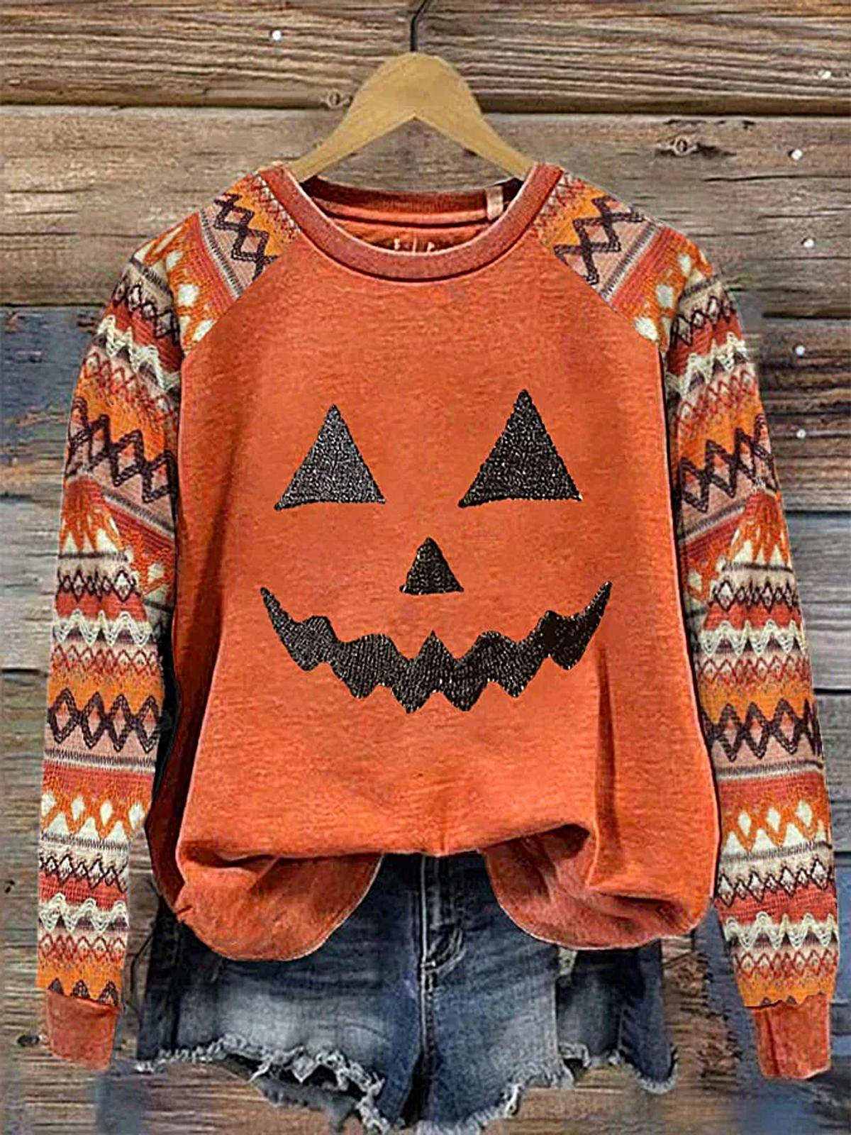 Women's Halloween Pumpkin Face Round Neck Long Sleeve Top