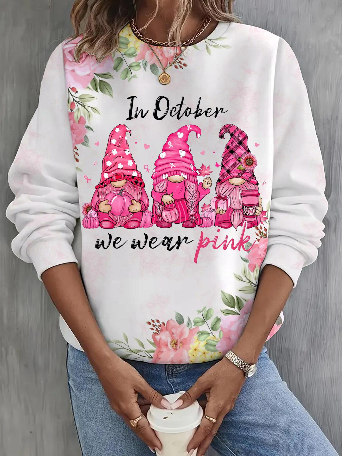 In October We Wear Pink Gnomes Breast Cancer Awareness Long Sleeve Casual Top