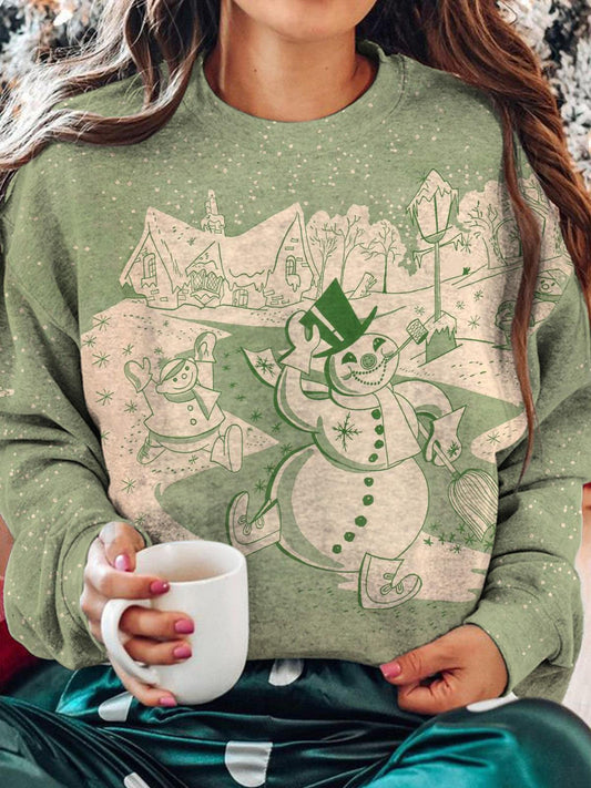 Winter Snowman Print Round Neck Long Sleeve Top
