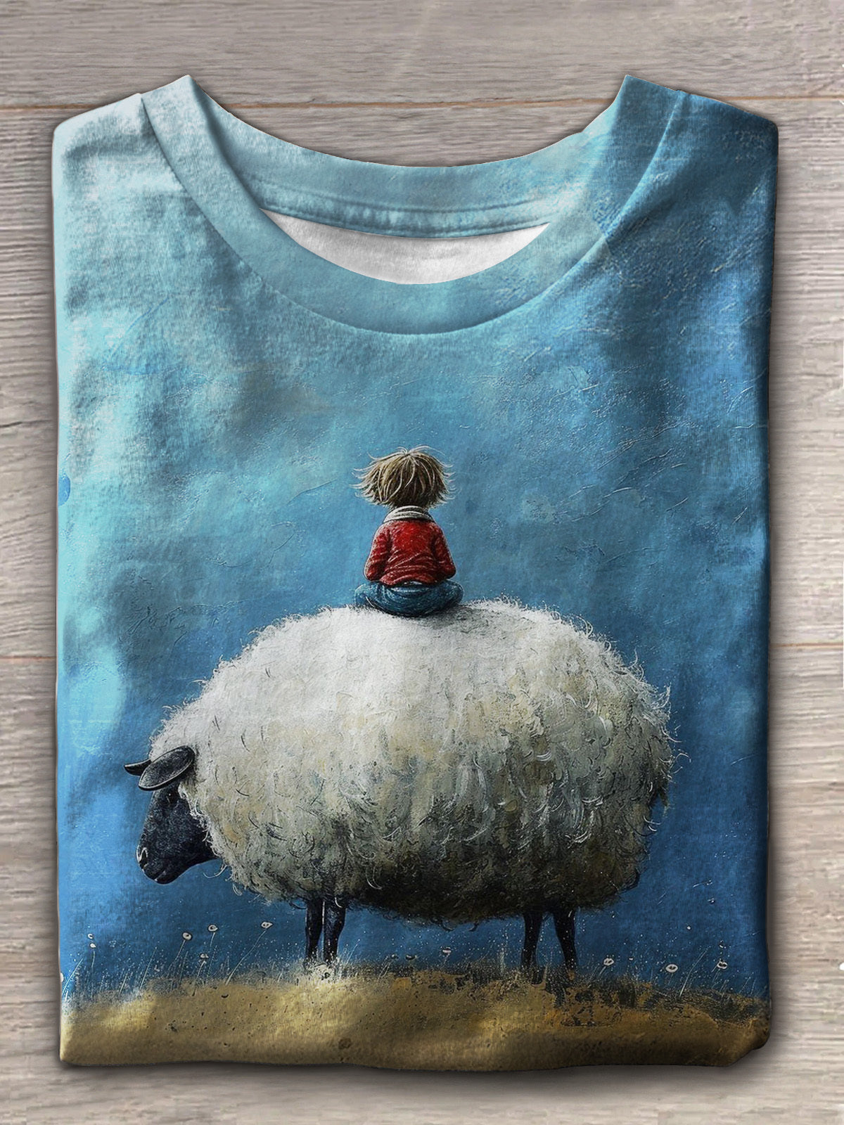 Women's Little Boy on Sheep Back Crew Neck T-shirt