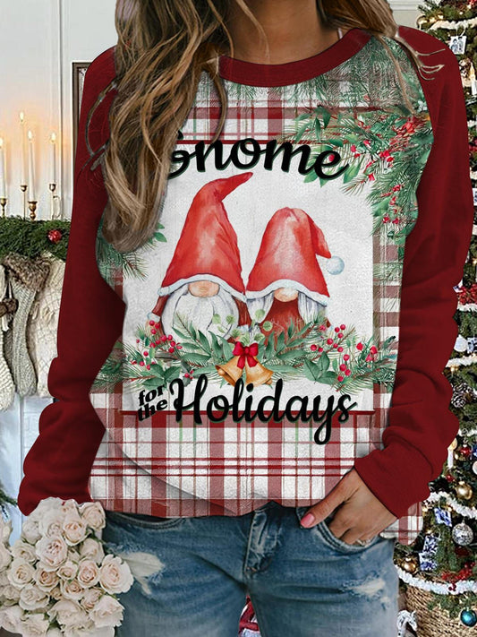 Gnome Check Colorblocking Christmas Long Sleeve Casual Top