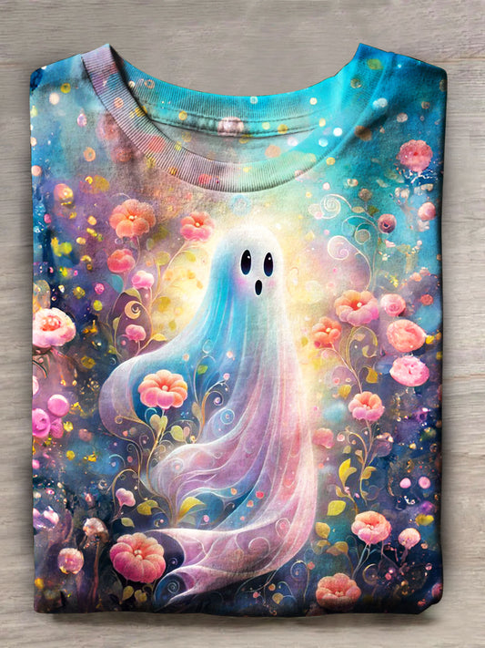 Floral Cute Ghost Print Casual Short Sleeve Top