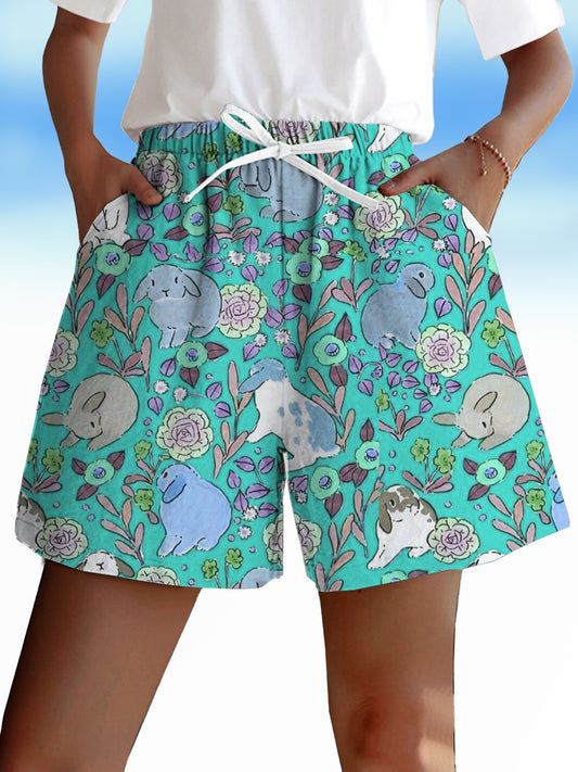 Easter Day Rabbit Pastoral Leisure Beach Fun Print Loose Shorts