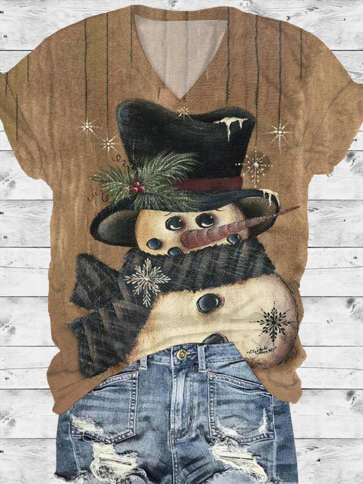 Vintage Snowman V-Neck Printed T-Shirt