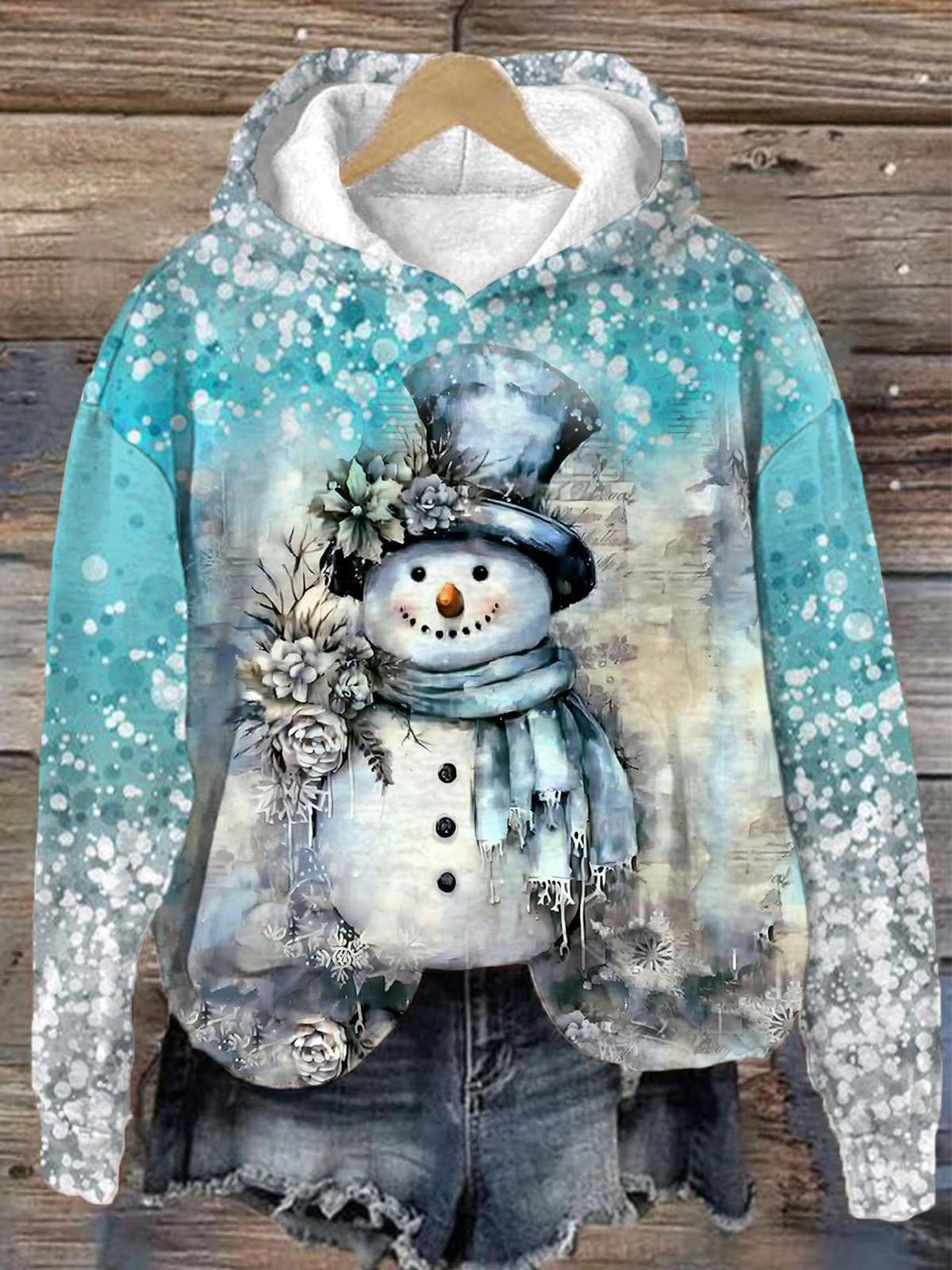 Women's Winter Snowman Star Print Long Sleeve Hoodie