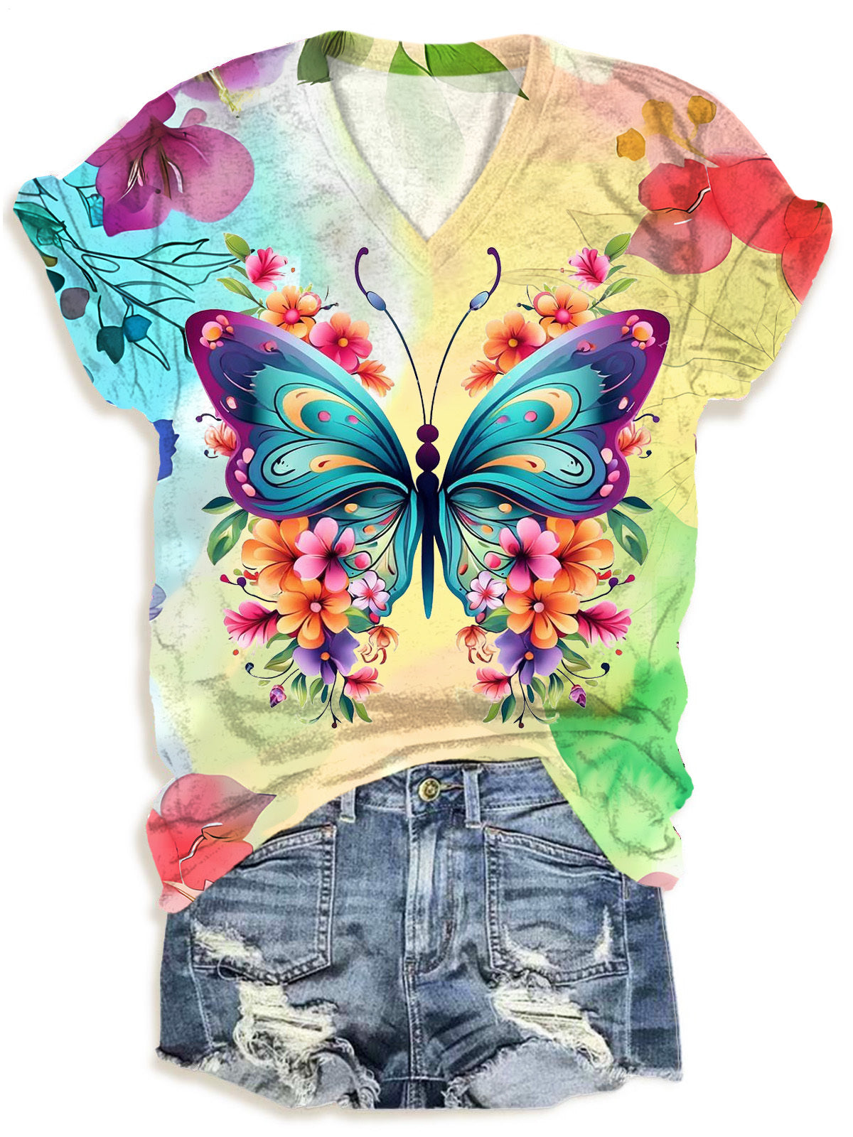 Butterfly Flowers V-neck T-Shirt