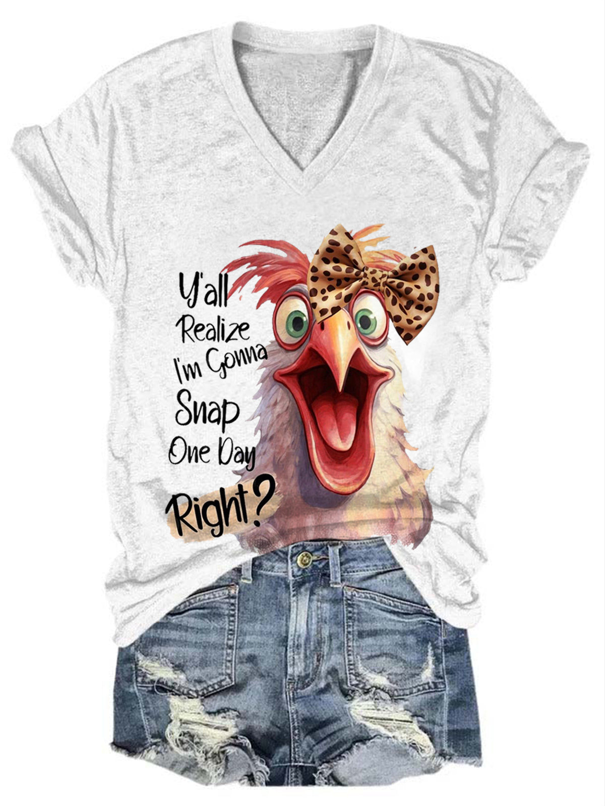 Funny Chicken Funny Word V-Neck Short Sleeve T-Shirt