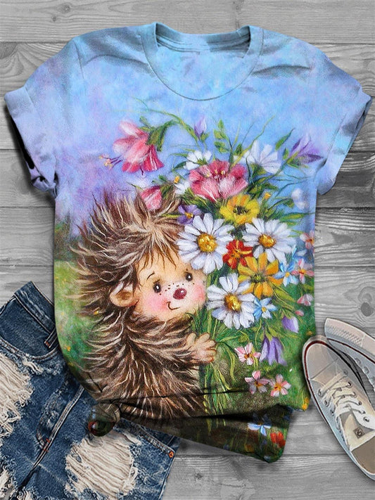 Hedgehog Floral Print Crew Neck T-Shirt