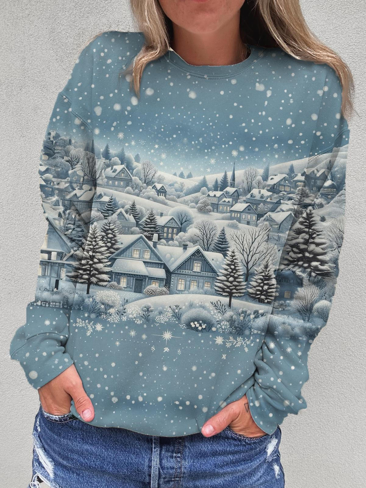 Women's Winter Snow Scene Round Neck Long Sleeve Top