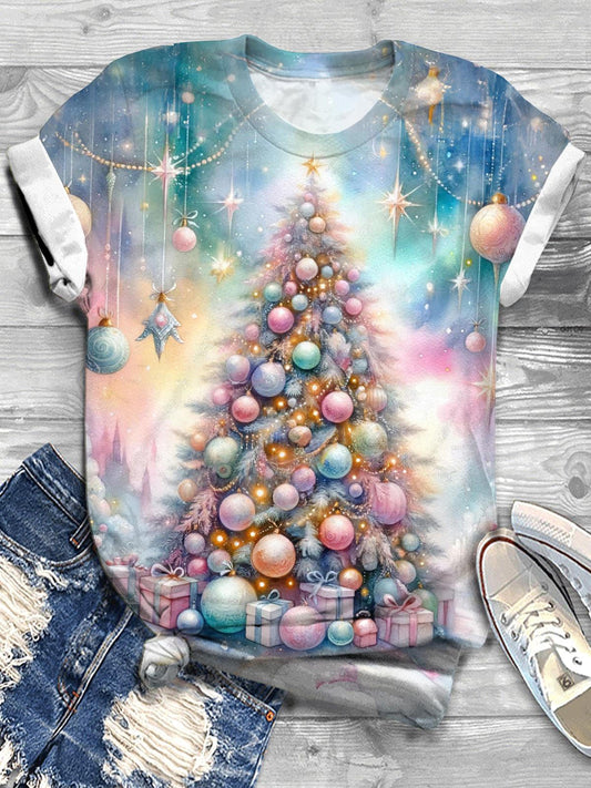 Colorful Christmas Tree Print V-Neck T-Shirt