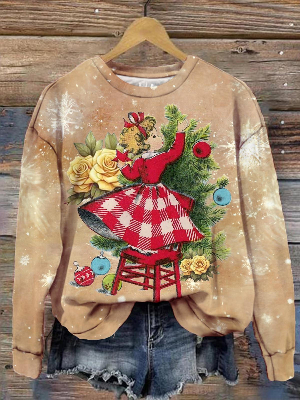 Women's Christmas Girls Snowflake Vintage Print Long Sleeve Top