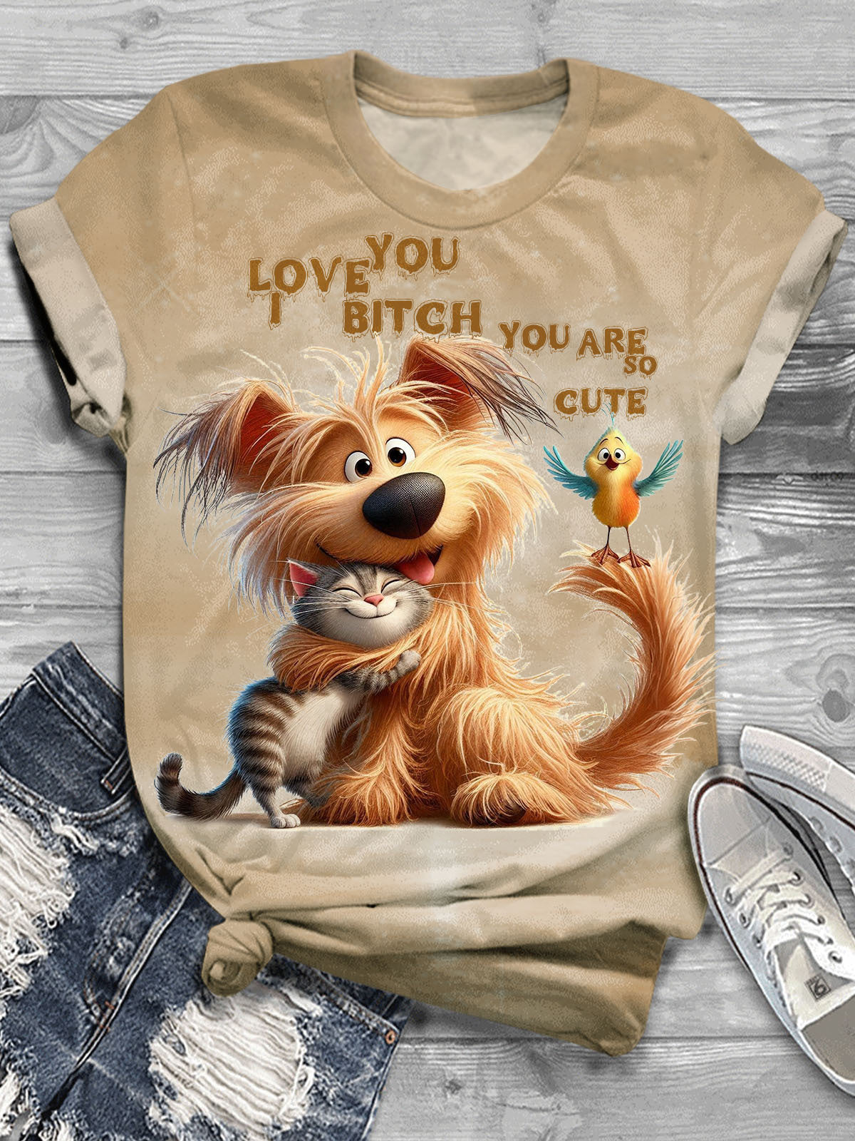 I Love You Bitch Funny Animals Dog Cat Print Casual T-shirt