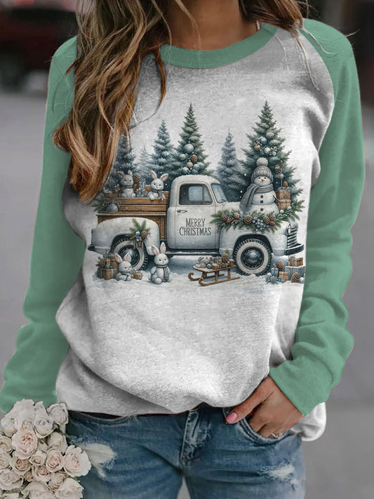 Marry Christmas Snowman Truck Printed Long Sleeve Casual Top