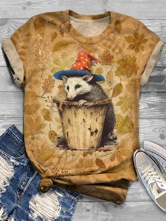 Women's Possum Halloween Vintage Print Casual T-Shirt