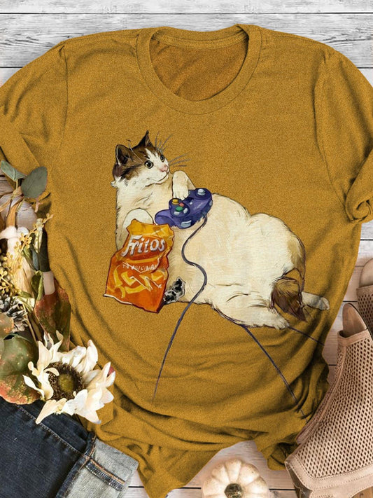 Lazy Cat Game Snacks Fun Print T-shirt